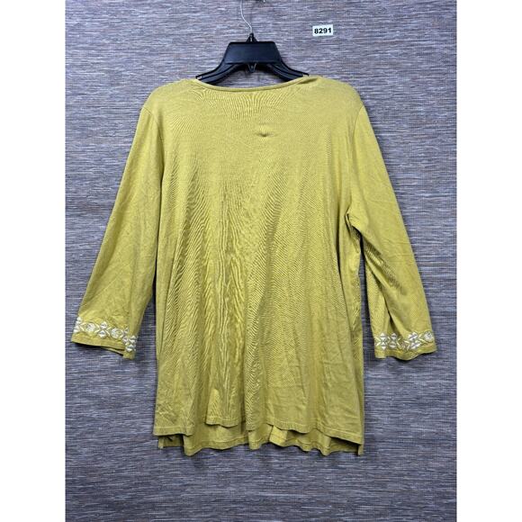J Jill T-Shirt Womens Size L Green Embroidered Long Sleeve V-Neck Blouse Peasant - Picture 2 of 7